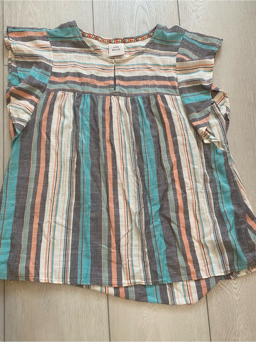 Rylee + Cru Striped Flutter Sleeve Blouse - Teal, Rust, Cream, Gray